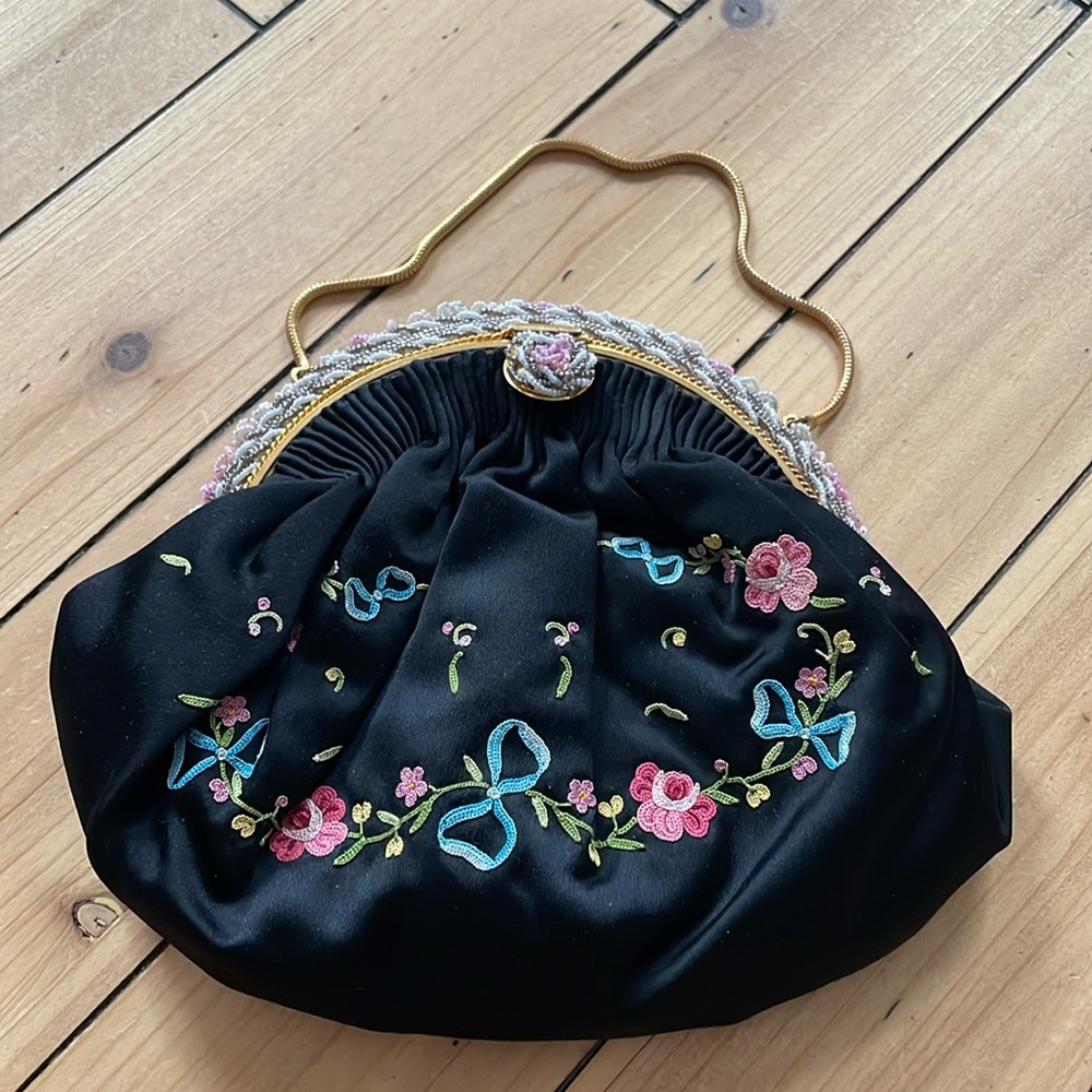Vintage Satin Handbag with Point de Beauvais Embroidery,Beaded Frame 1800’s